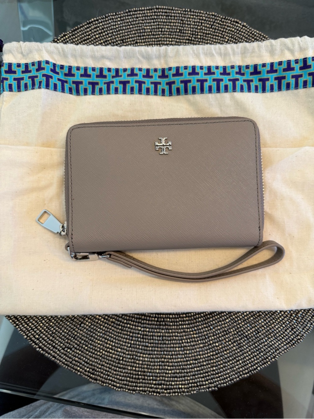 Tory Burch Robinson Taupe Zip Around Wristlet Wallet Silver Logo